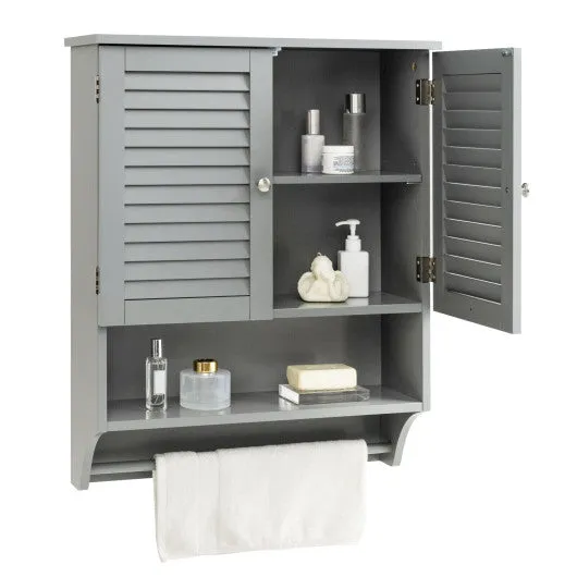 2-Doors Bathroom Wall-Mounted Medicine Cabinet with Towel Bar-Gray