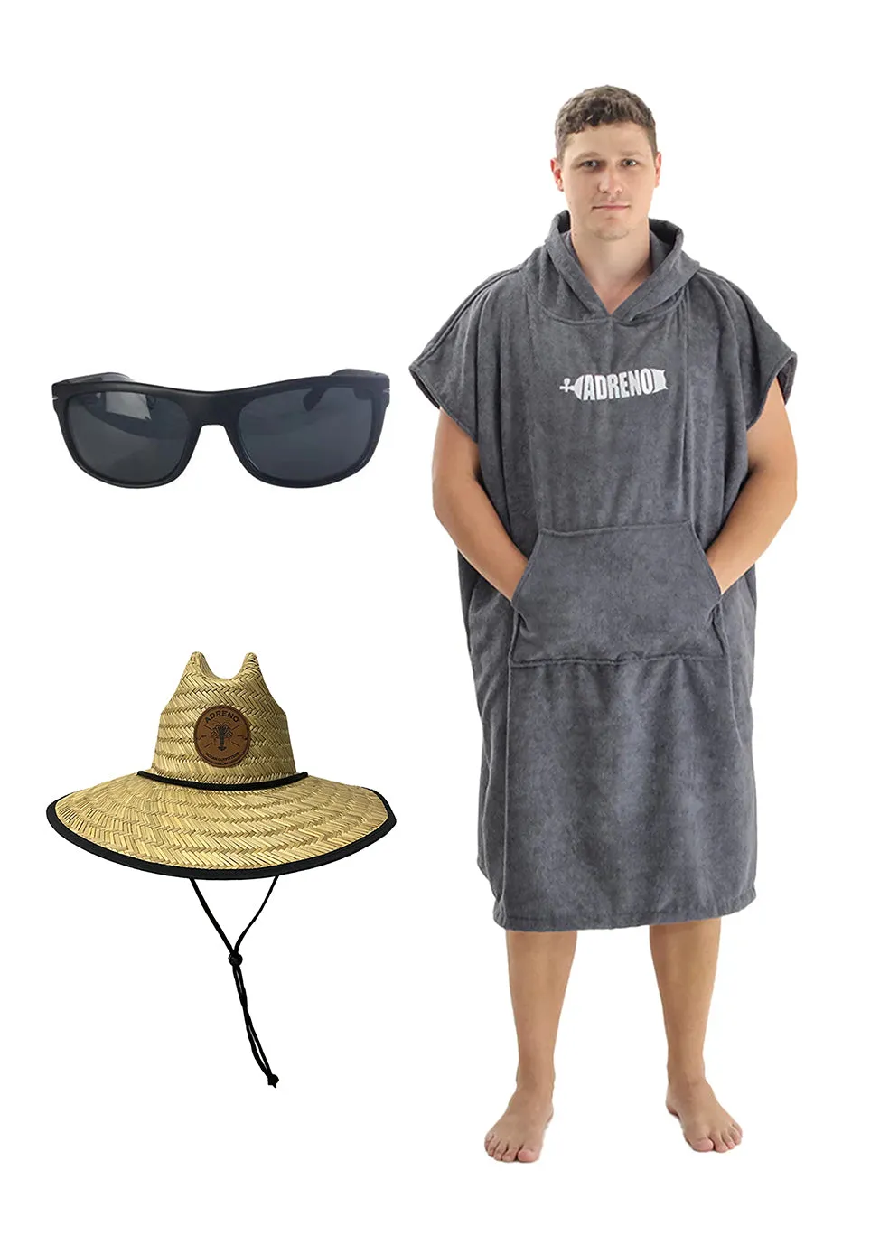 Adreno Hooded Towel, Flasher Sunglasses, Adreno Straw Hat - Combo