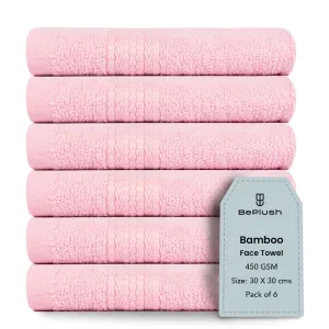 BePlush 450 GSM Bamboo Face Towel Set of 6 | Ultra Soft, Absorbent, & Quick Dry Towels for Gym, Travel | Suitable for Sensitive Skin, Anti Bacterial Napkins for Face | 30 * 30 Cms (6, Pink)