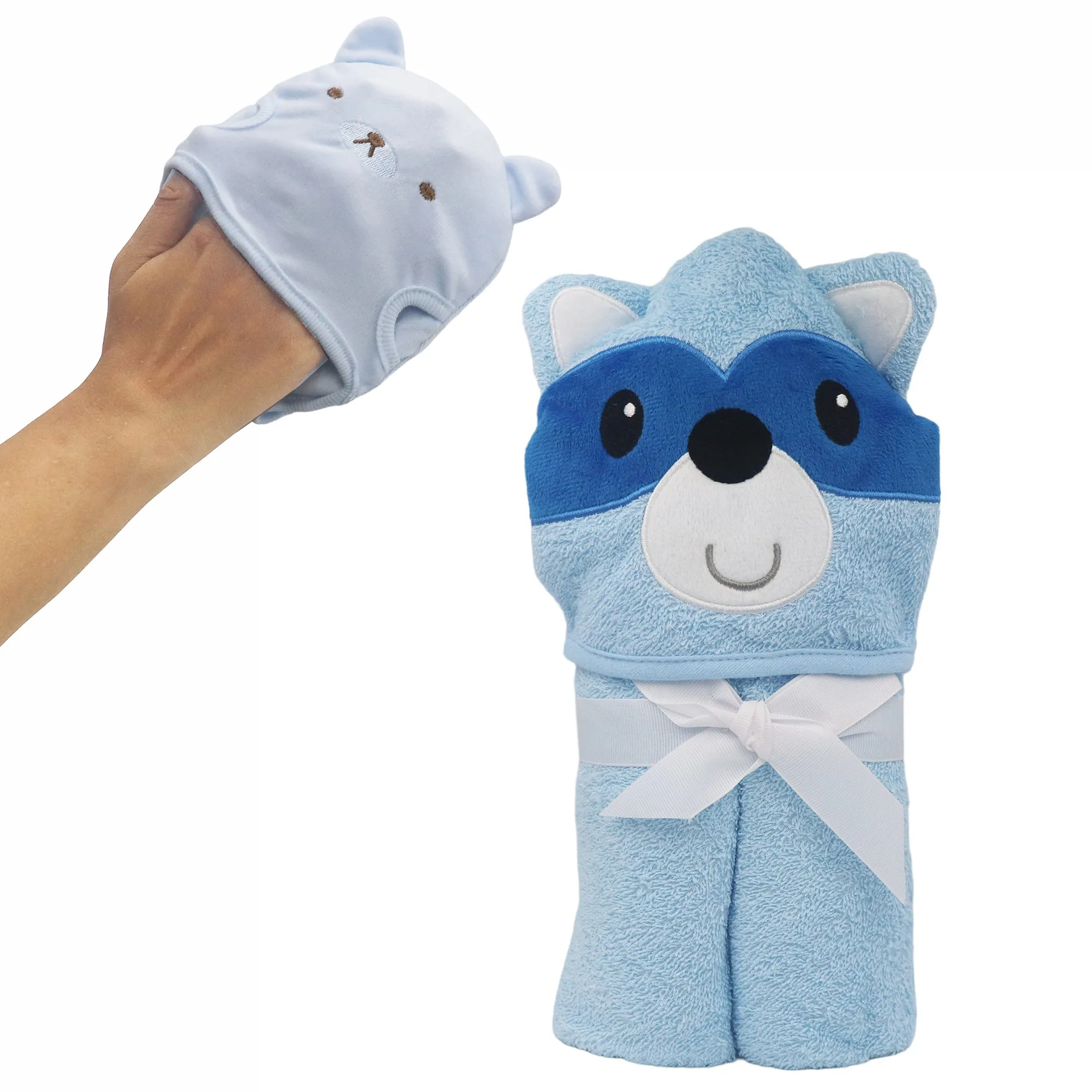 Blue Panda Cotton Hooded Baby Bath Towel with Baby Loofah