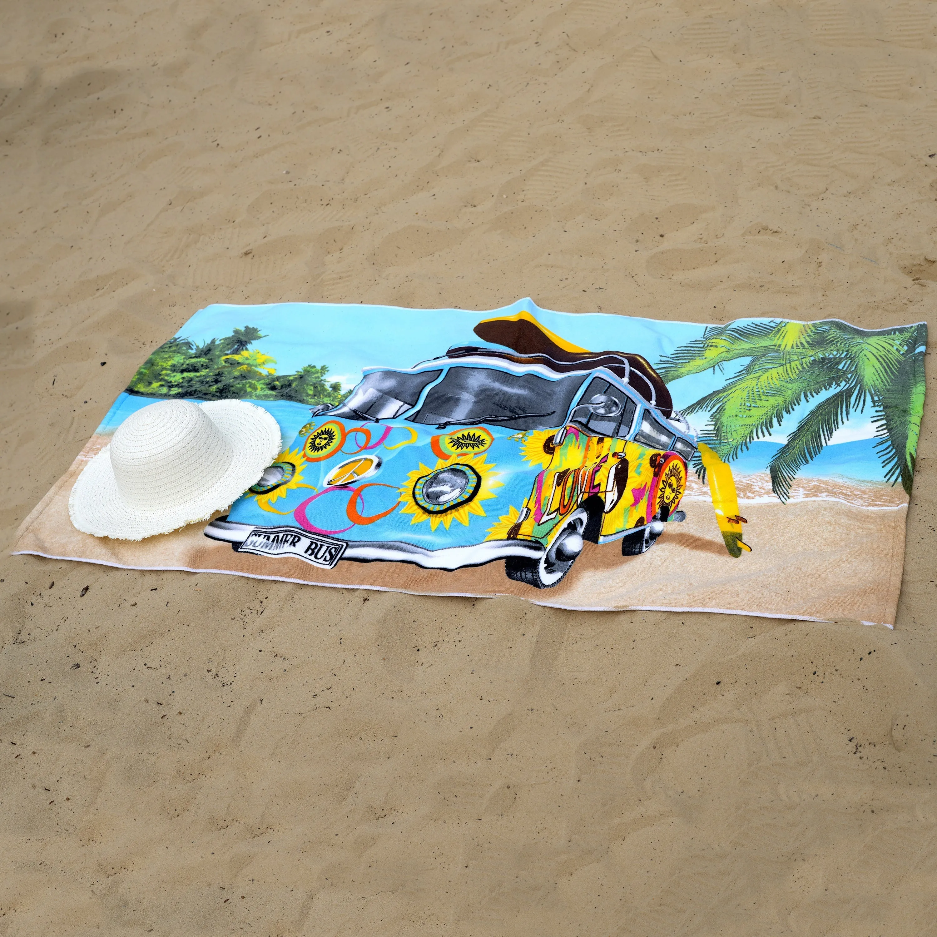 Blue Summer Bus Design Large Towel