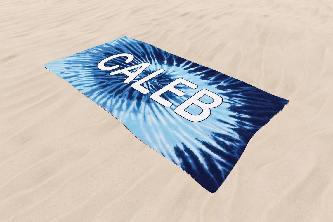 Boys Beach Towels Personalized, Kids Beach Towel with Name, Blue Tie Dye Custom Pool Towel