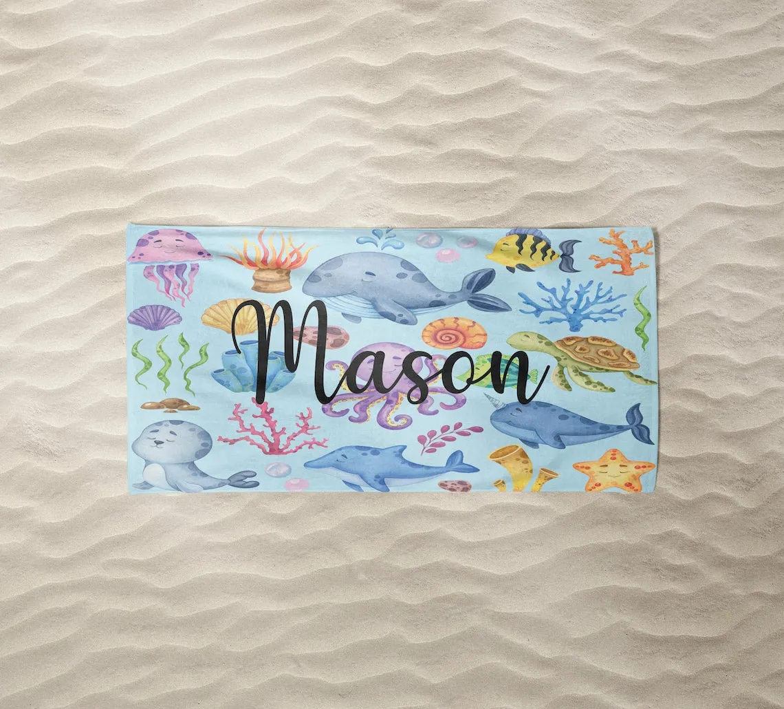 Boys Beach Towels Personalized, Toddler Beach Towel with Name, Personalized Nautical, Anchor, Striped, Sea Animal Towel With Name