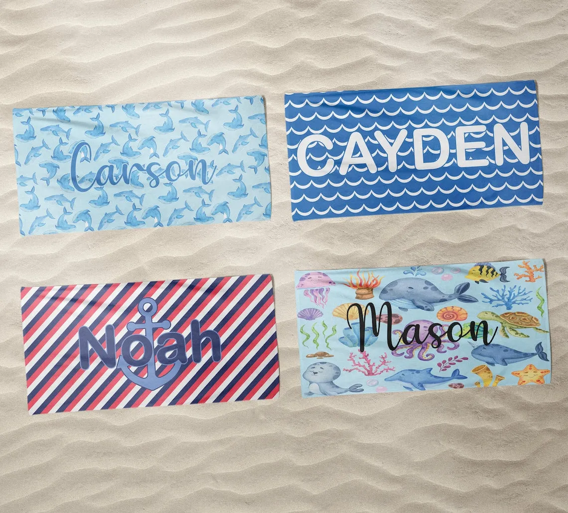 Boys Beach Towels Personalized, Toddler Beach Towel with Name, Personalized Nautical, Anchor, Striped, Sea Animal Towel With Name