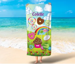 Candy Land Personalized Towel, Kids Beach Towel, Girls Candy Beach Towels, Girls Rainbow Bath Towels, Cupcake Girls Towels