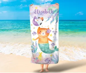 Cat Mermaid Towel, Kids Beach Towel, Girls Beach Towels, Girls Mermaid Bath Towels, Magical Mermaid Girls Towels