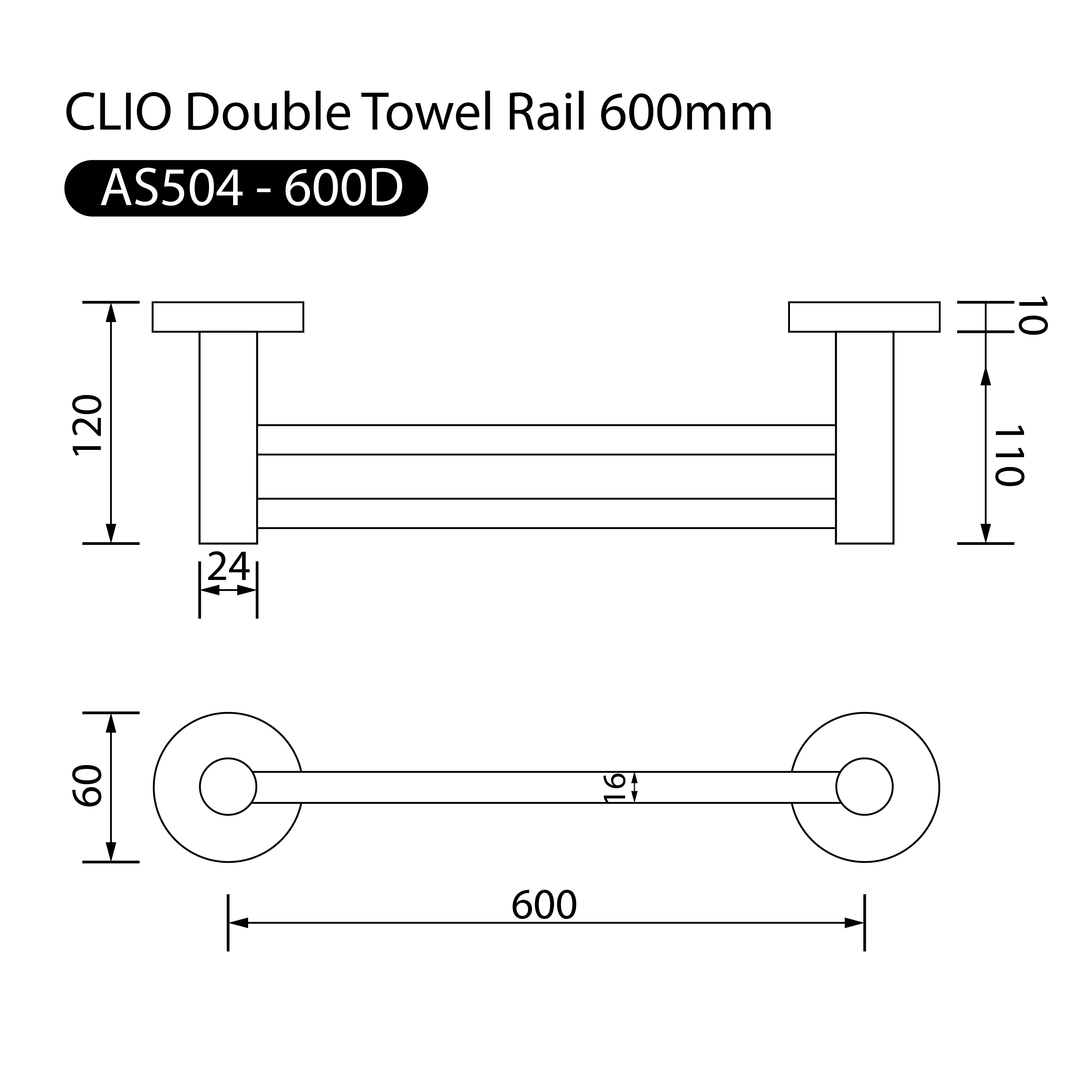 Clio Round Double Towel Rail 600mm Brushed Gold