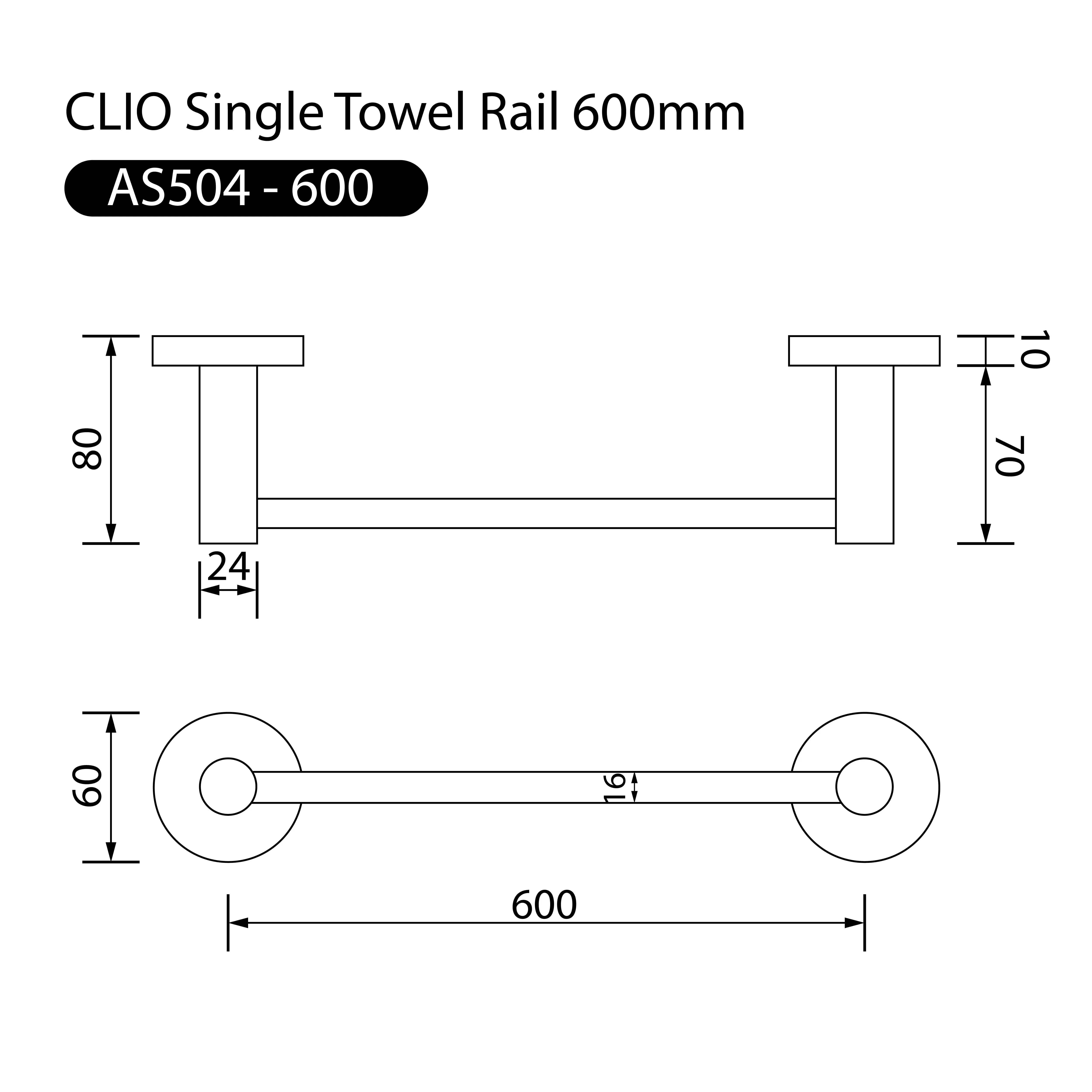 Clio Single Towel Rail 600mm Brushed Gold