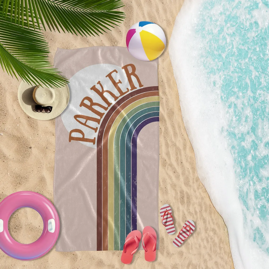 Custom Beach Towel Boho Rainbow, Personalized Beach Towel Girls Women - Beach Towels with Your Name, Custom Towel for Birthday Gift