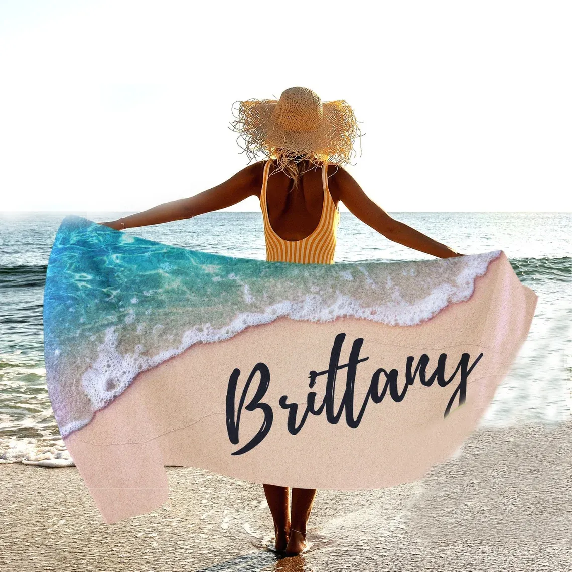 Custom Beach Towel, Personalized Beach Towel with Your Name - Ocean Print Bridesmaid Bachelorette Gift for Her, Sea Monogrammed Towels