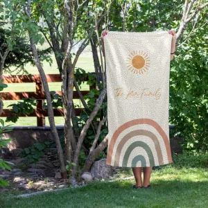 Custom Beach Towel With Names, Monogrammed Microfiber Cotton Boho Rainbow Sun Towel, Personalized Pool Towel