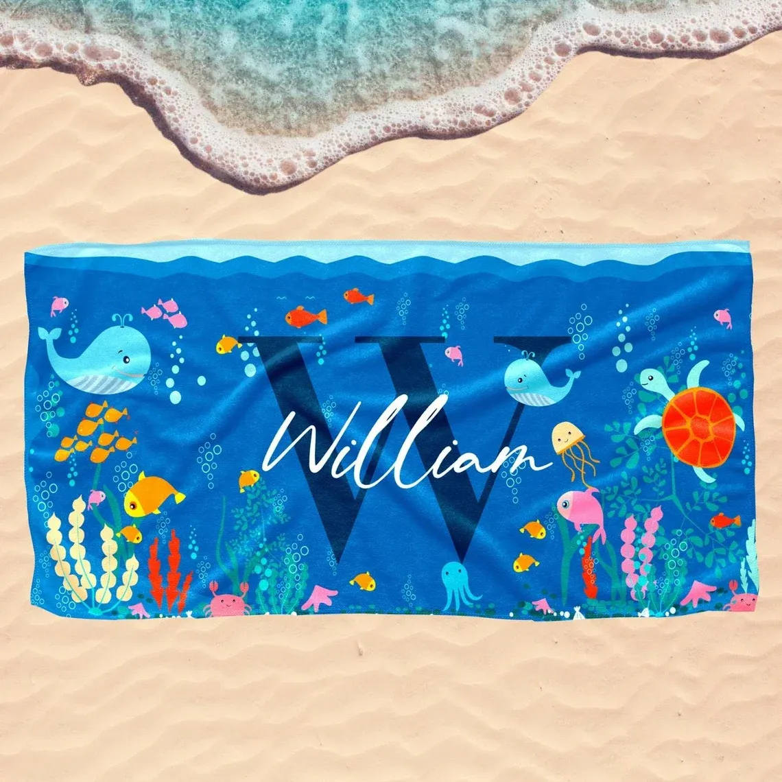 Custom Beach Towels, Personalized Beach Towel with Your Name - Kids Beach Towel for Girls Boys, Cute Baby Towel Ocean Print - Custom Gift