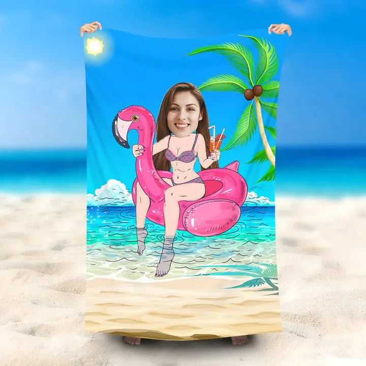 Custom Face Photo Girl Bikini Flamingo Beach Towel, Funny Girl Bath Towel Swimming Towel