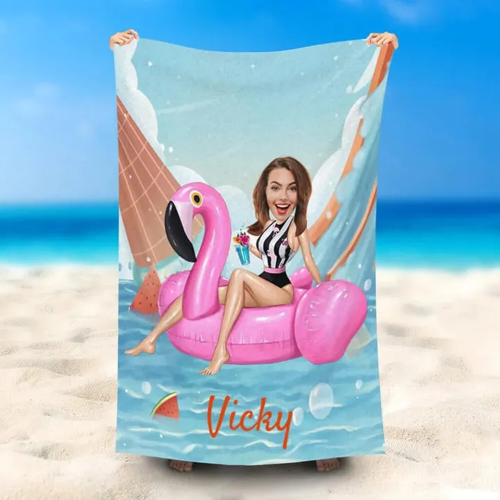 Custom Face Photo Girl Bikini Flamingo Beach Towel, Funny Girl Bath Towel Swimming Towel