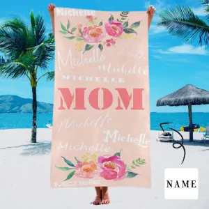 Custom Name Beach Towel Mom And Flower