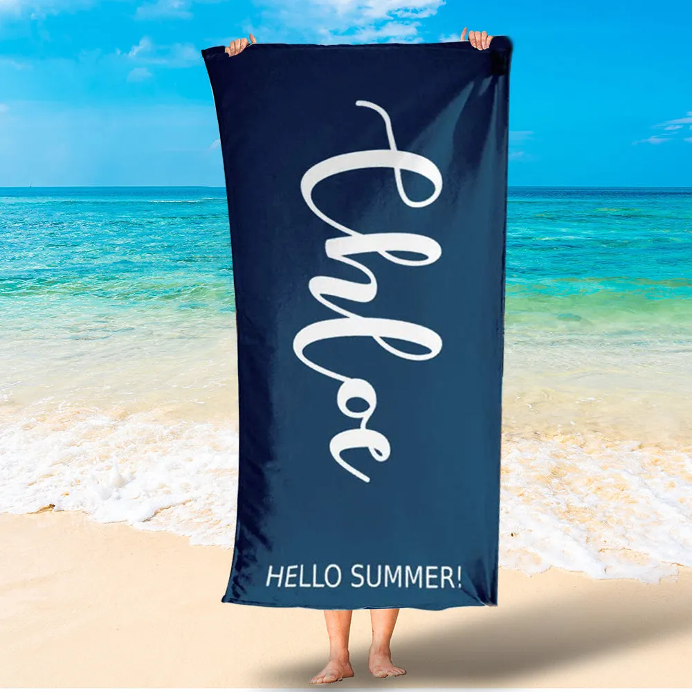 Custom Name Hello Summer Beach Towel, Personalized Beach Towel for Men Women Lovely Kid