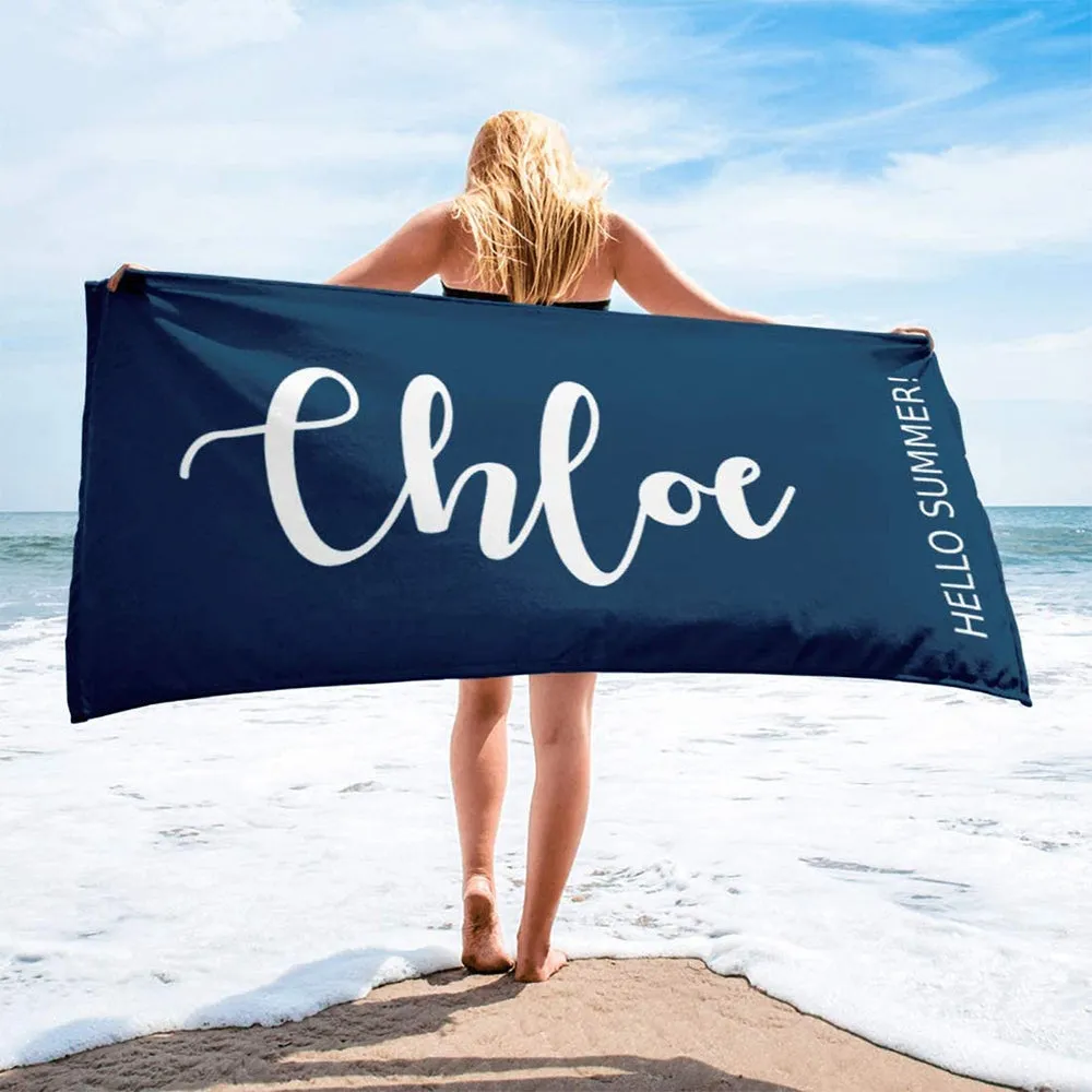 Custom Name Hello Summer Beach Towel, Personalized Beach Towel for Men Women Lovely Kid