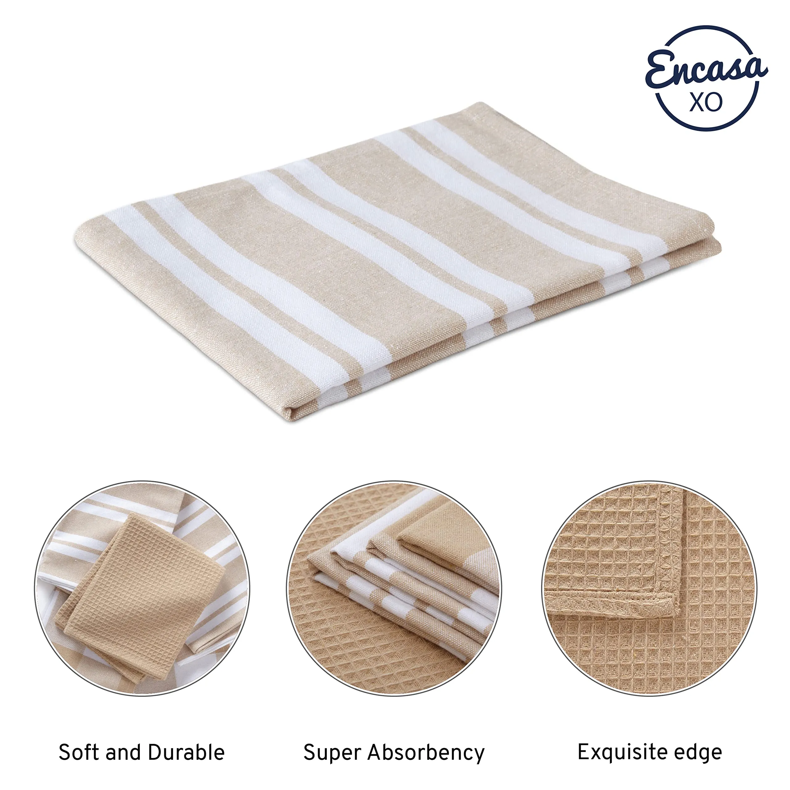 Encasa Homes Anti-Bacterial Kitchen Dish Towels X-Large 18 x 28 inch (12pc set Waffle, Stripe, Check) Eco-Friendly Cotton, Highly Absorbent Teatowel for Quick Cleaning, Drying Plates & Glasses - Beige