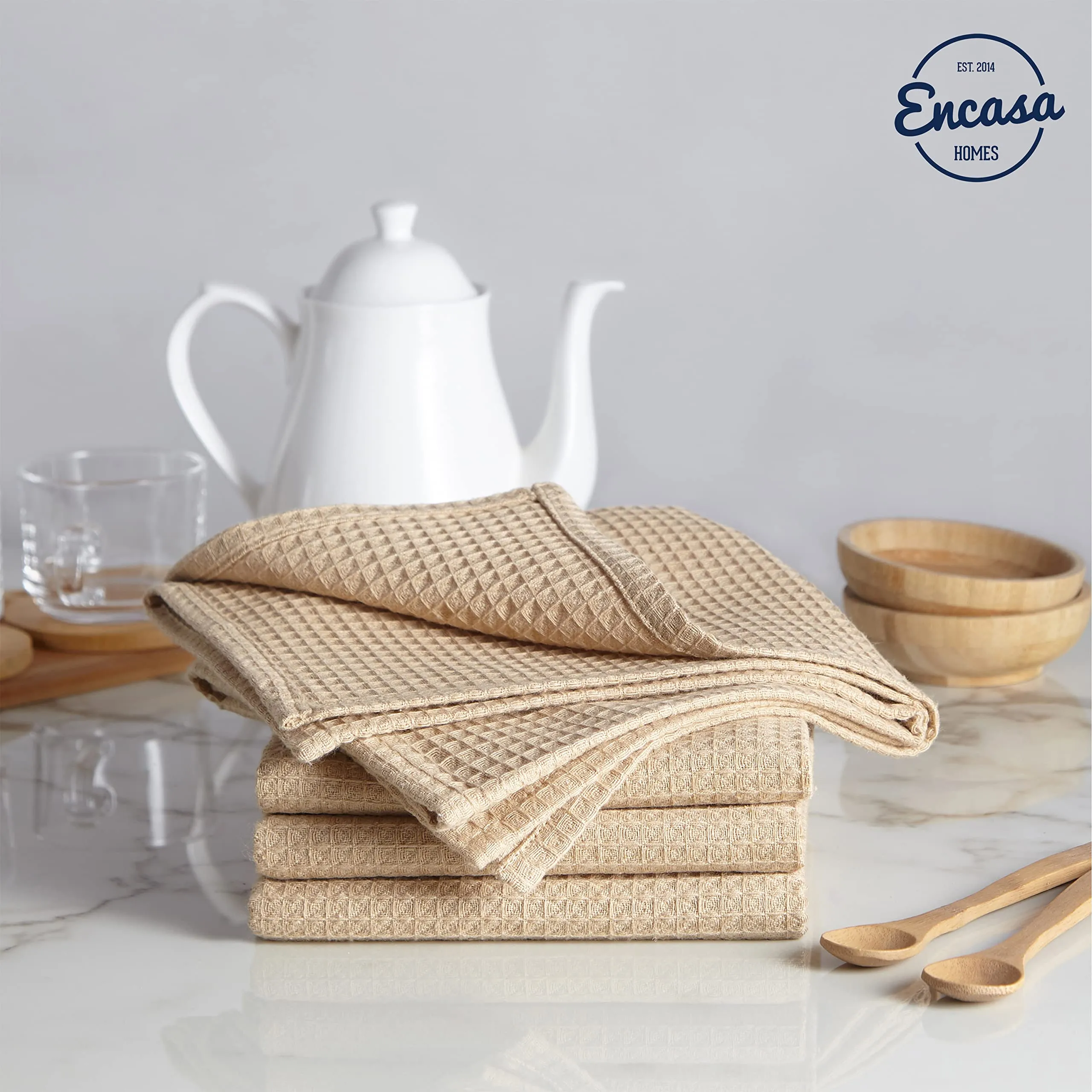 Encasa Homes Anti-Bacterial Kitchen Dish Towels X-Large 18 x 28 inch (4pc Set) Highly Absorbent Waffle Cloth Teatowel for Cleaning & Quick Drying of Plates & Glasses, Eco-Friendly Cotton - Beige