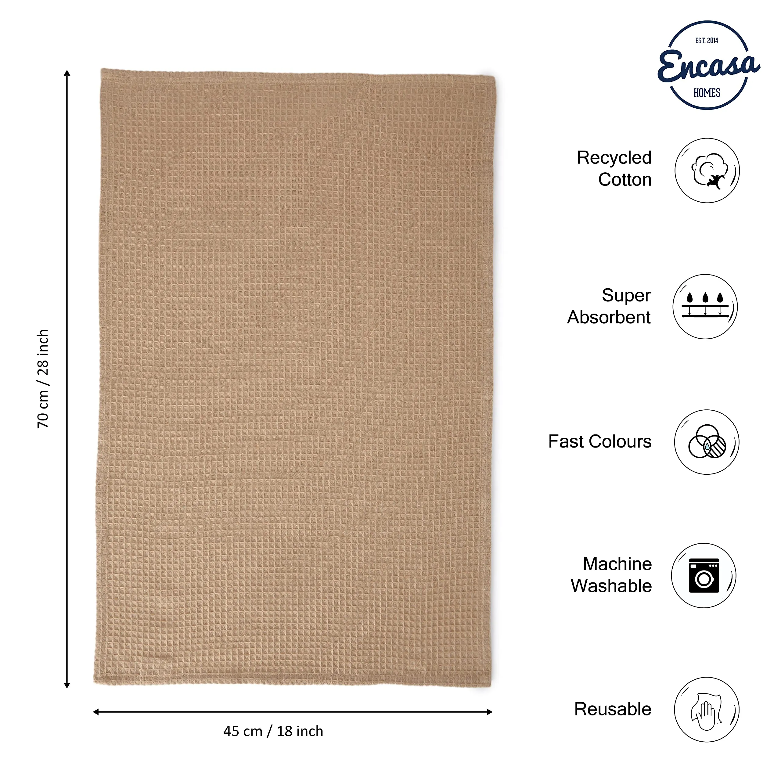 Encasa Homes Anti-Bacterial Kitchen Dish Towels X-Large 18 x 28 inch (4pc Set) Highly Absorbent Waffle Cloth Teatowel for Cleaning & Quick Drying of Plates & Glasses, Eco-Friendly Cotton - Beige