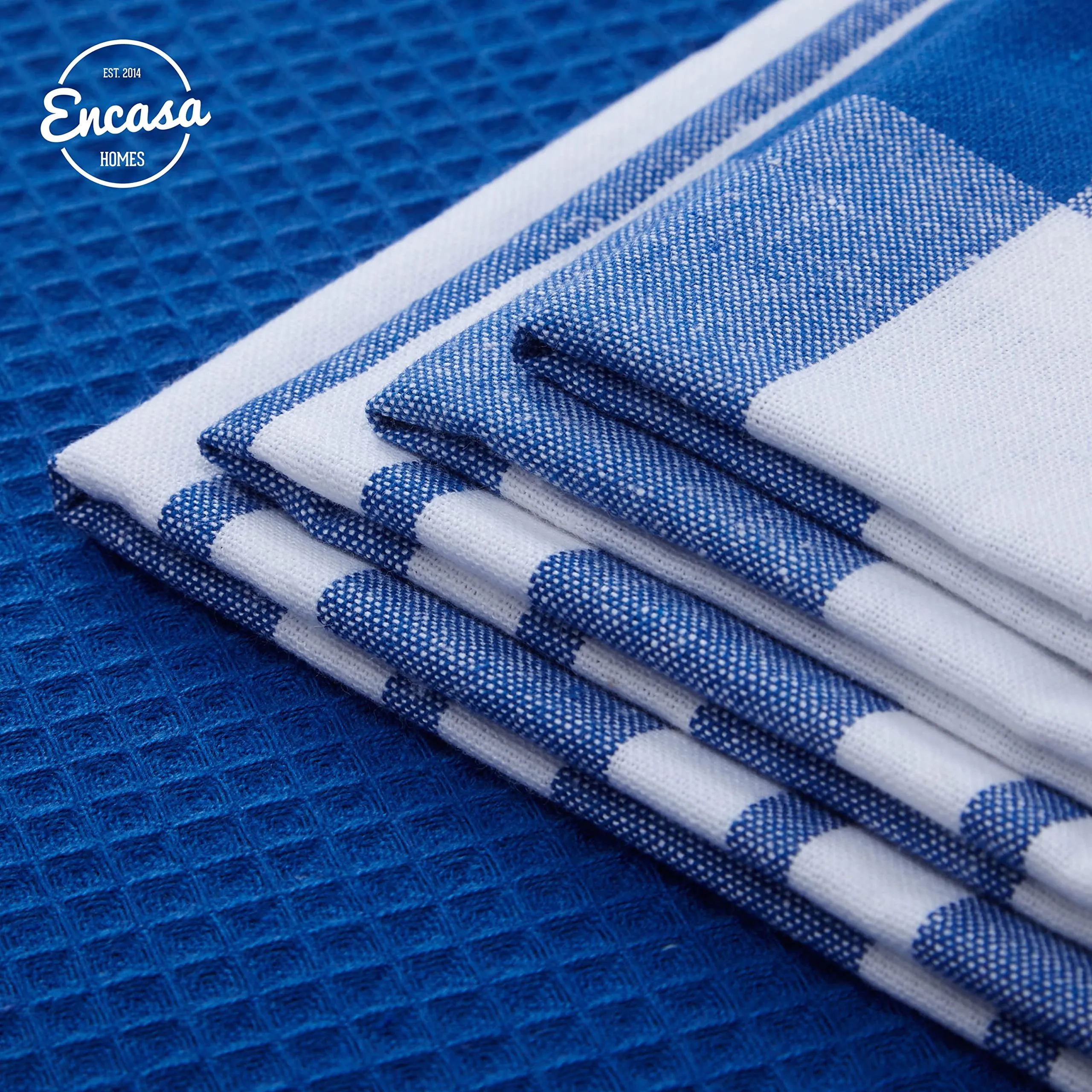 Encasa Homes Anti-Bacterial Kitchen Dish Towels X-Large 18 x 28 inch (5pc Set Waffle, Stripe, Check) Eco-Friendly Cotton, Highly Absorbent Teatowel for Quick Cleaning & Drying Plates & Glasses - Blue