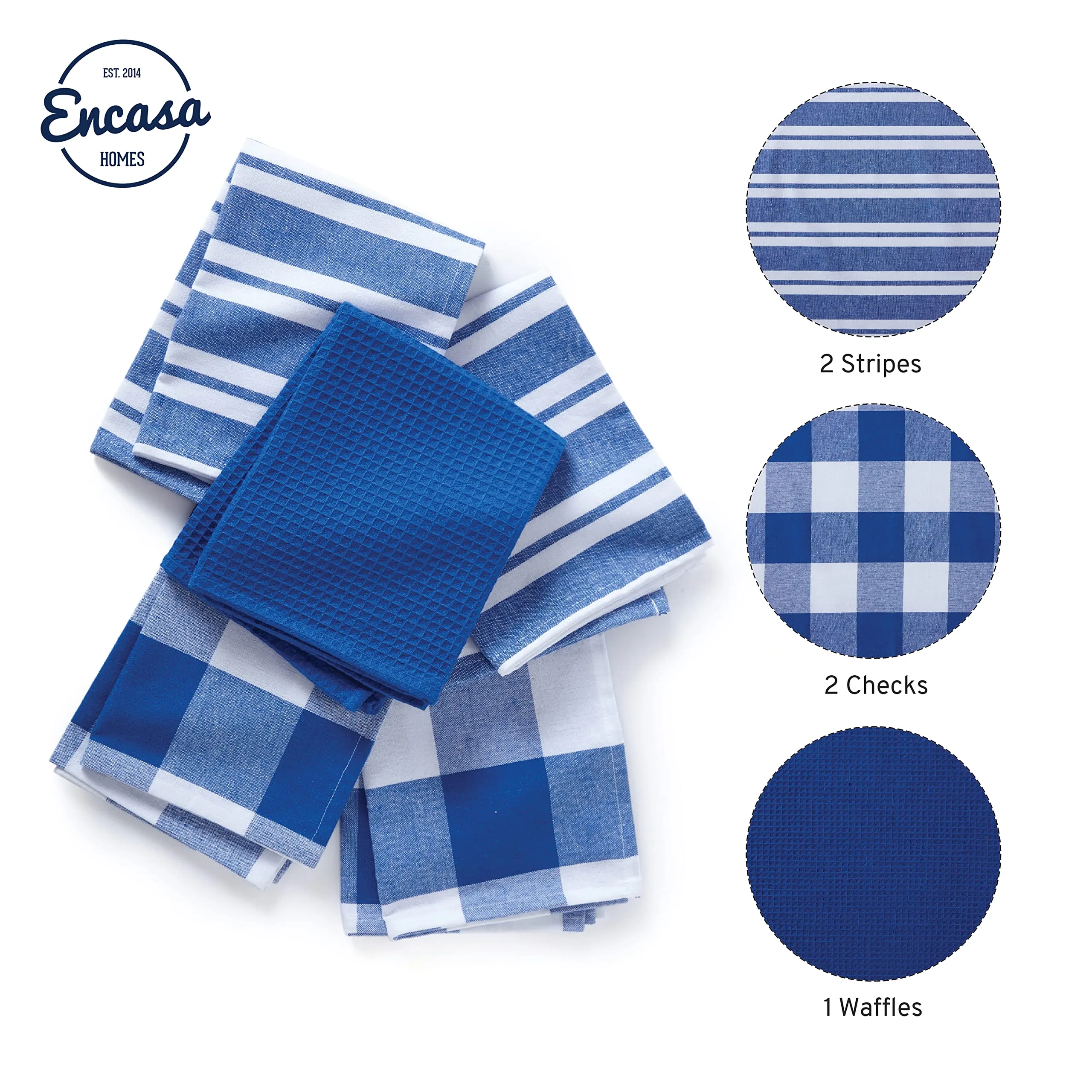 Encasa Homes Anti-Bacterial Kitchen Dish Towels X-Large 18 x 28 inch (5pc Set Waffle, Stripe, Check) Eco-Friendly Cotton, Highly Absorbent Teatowel for Quick Cleaning & Drying Plates & Glasses - Blue