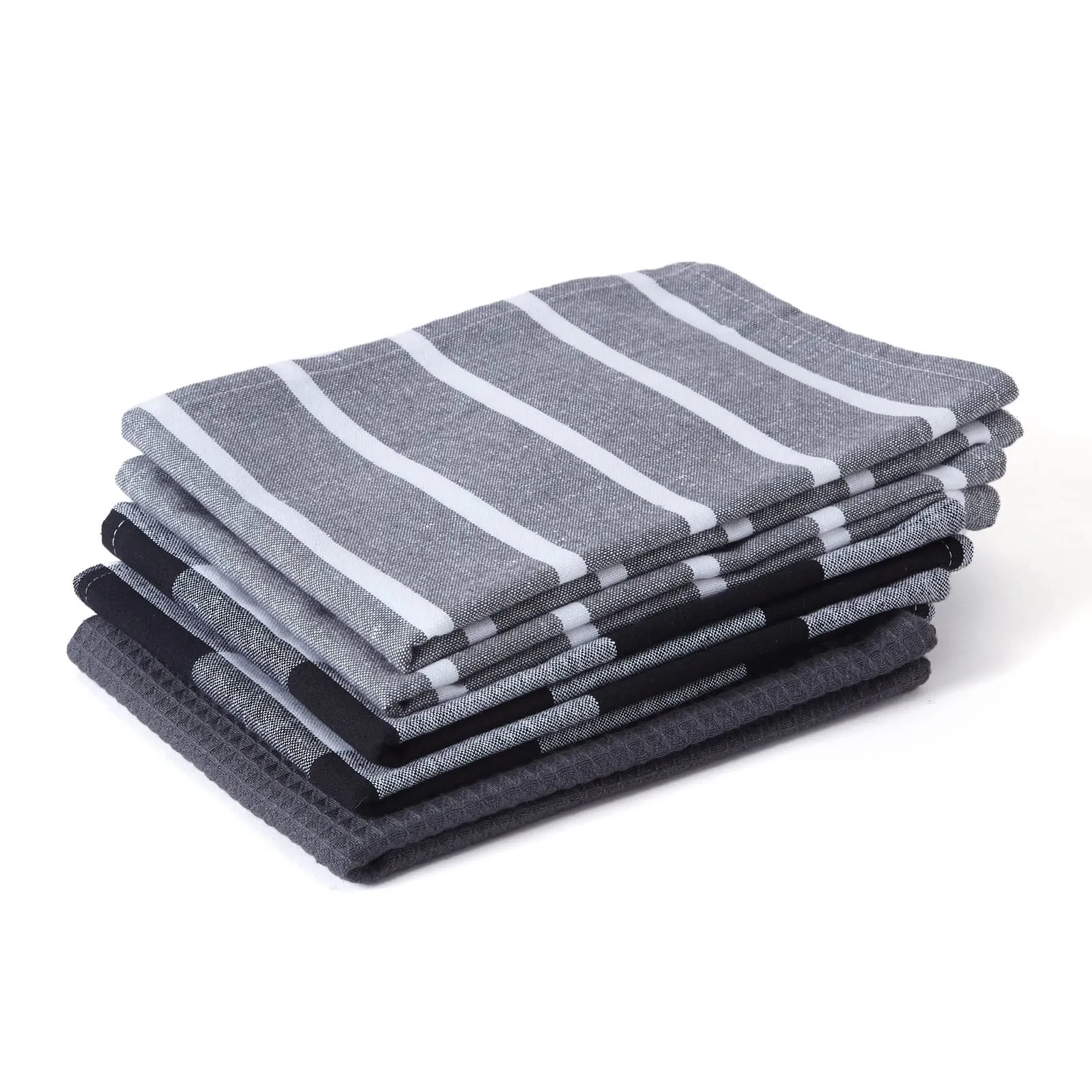 Encasa Homes Anti-Bacterial Kitchen Dish Towels X-Large 18 x 28 inch (5pc Set Waffle, Stripe, Check) Eco-Friendly Cotton, Highly Absorbent Teatowel for Quick Cleaning & Drying Plates & Glasses - Grey