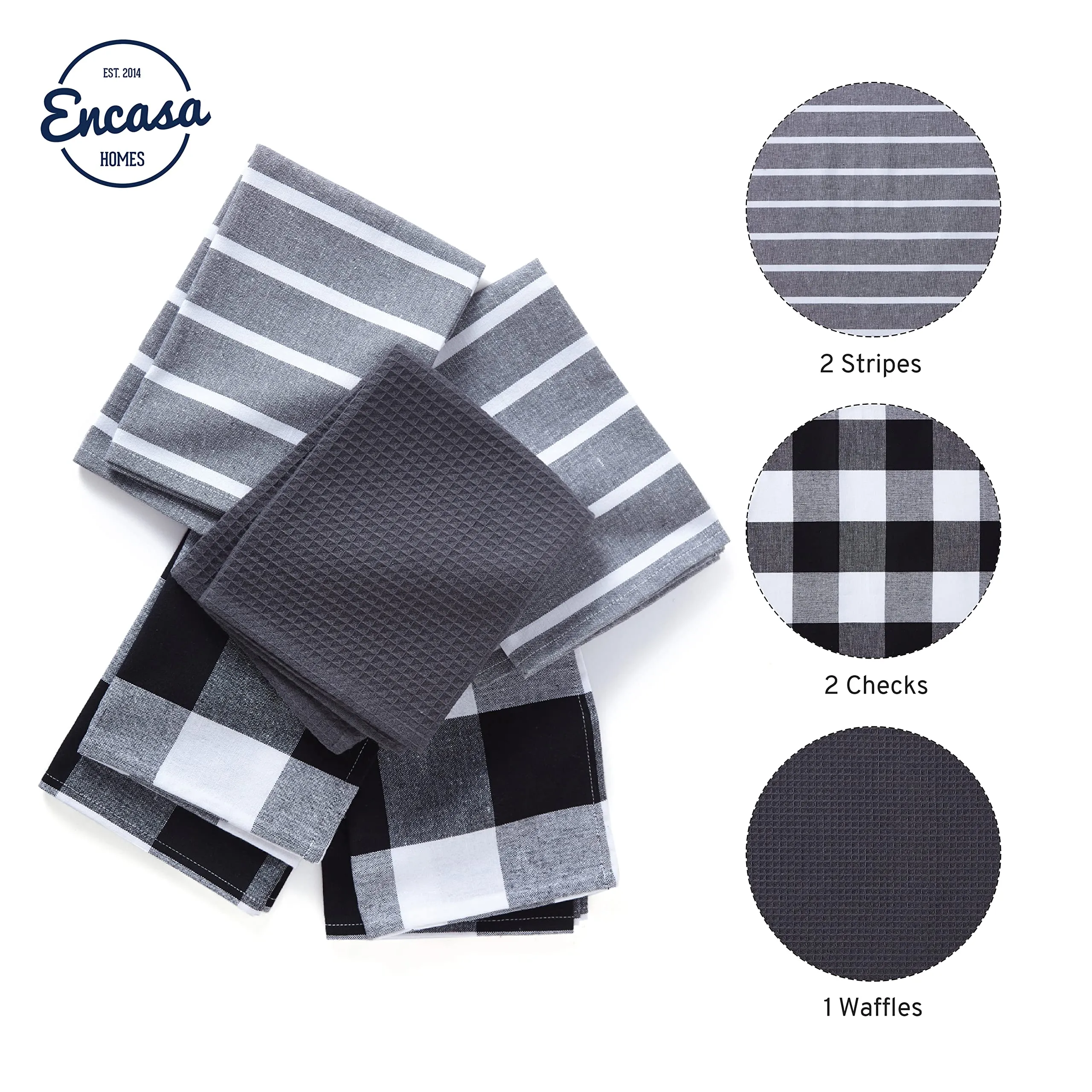 Encasa Homes Anti-Bacterial Kitchen Dish Towels X-Large 18 x 28 inch (5pc Set Waffle, Stripe, Check) Eco-Friendly Cotton, Highly Absorbent Teatowel for Quick Cleaning & Drying Plates & Glasses - Grey