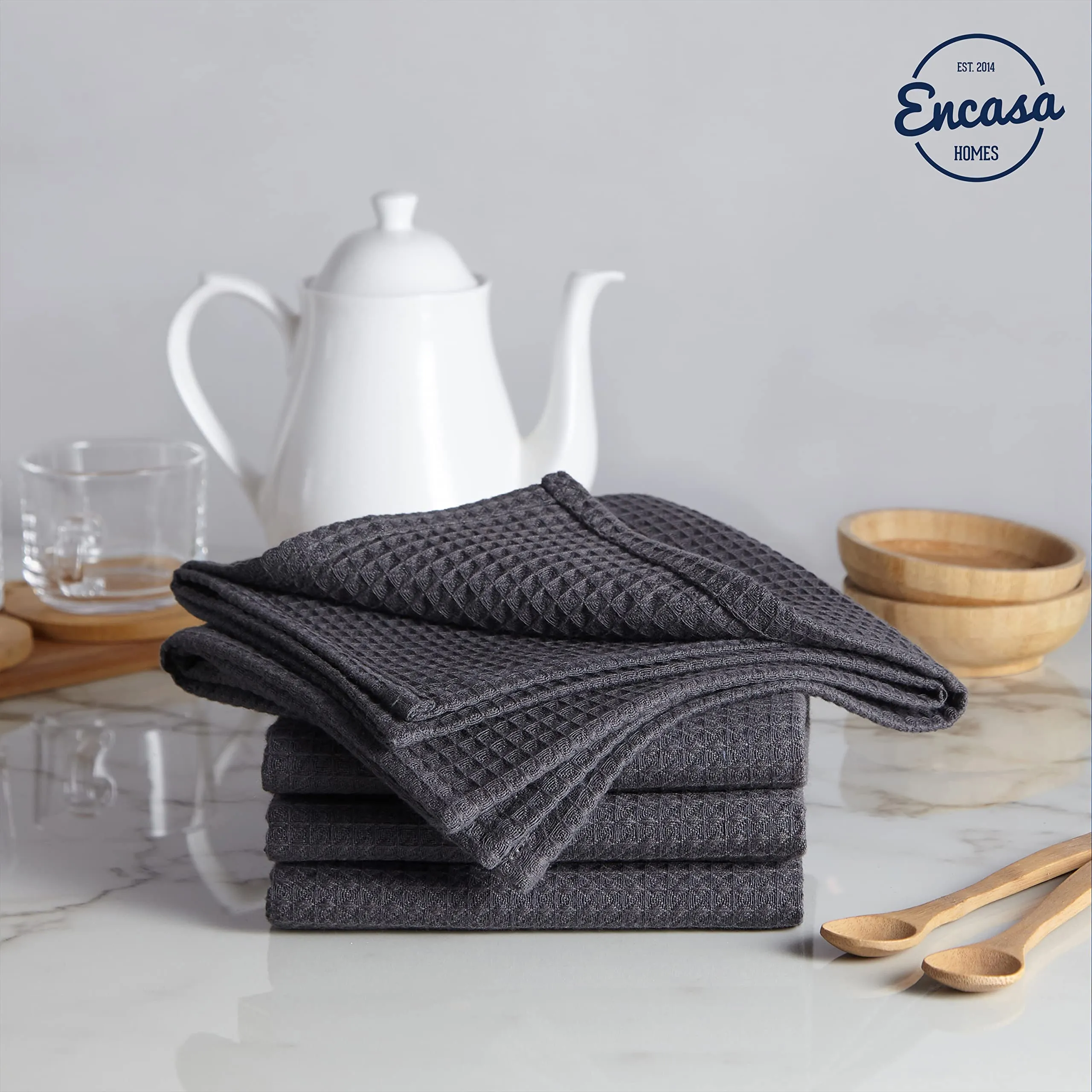 Encasa Homes Anti-Bacterial Kitchen Dish Towels X-Large 28"x18" (4pc Set) Highly Absorbent Waffle Cloth Teatowel for Cleaning & Quick Drying of Plates & Glasses, Eco-Friendly Cotton - Grey