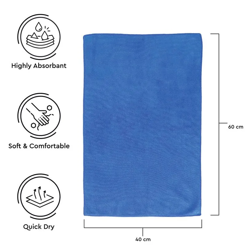 Encasa Microber Face Towel (40x60 cm) 400 GSM - Super Absorbent, Quick-Dry, Gentle on Skin, Super-Soft for Everyday Use | Microfiber Face Towel for Women & Men (Blue, Pack of 2)