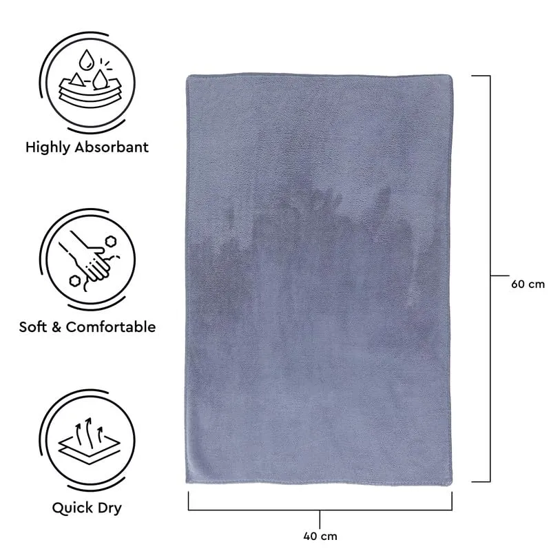 Encasa Microber Face Towel (40x60 cm) 400 GSM - Super Absorbent, Quick-Dry, Gentle on Skin, Super-Soft for Everyday Use | Microfiber Face Towel for Women & Men (Grey, Pack of 3)