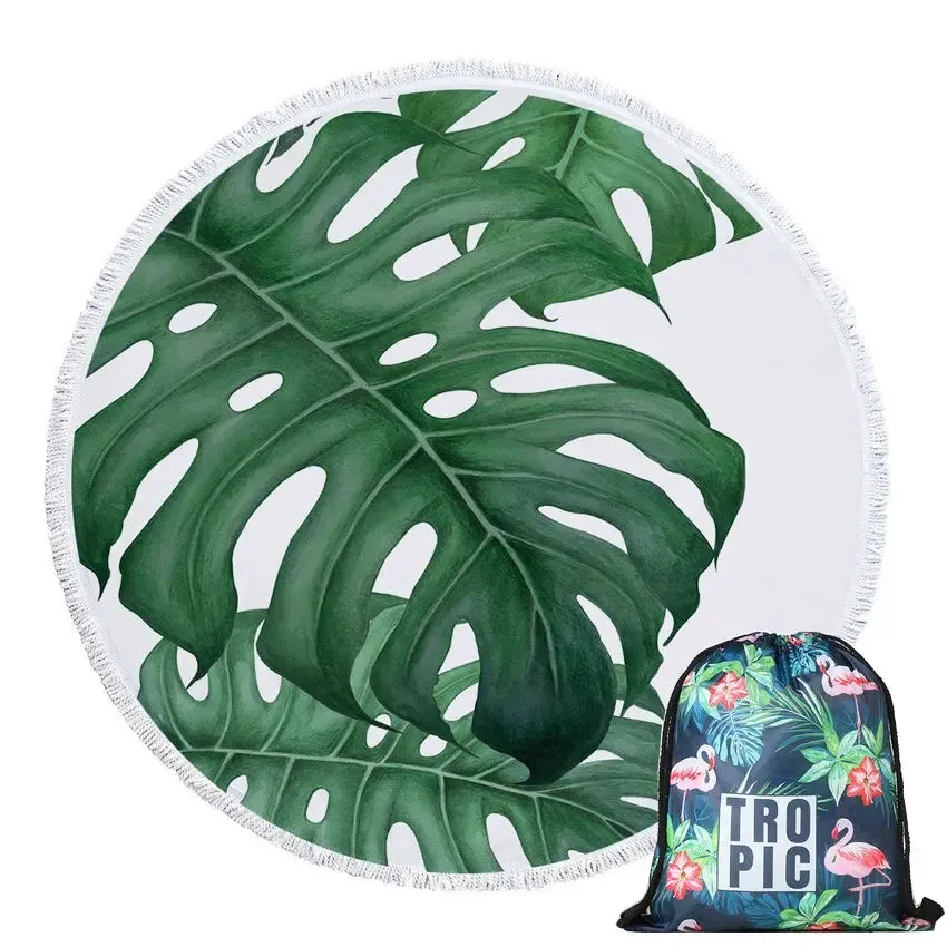 Green Leaves Summer Round Beach Towel Microfiber - Includes Drawstring Backpack Bag - Versatile Bath Towel, Mat, Bikini Cover-Up - Soft with Tassels