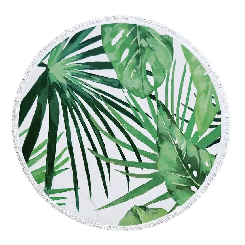 Green Leaves Summer Round Beach Towel Microfiber - Includes Drawstring Backpack Bag - Versatile Bath Towel, Mat, Bikini Cover-Up - Soft with Tassels