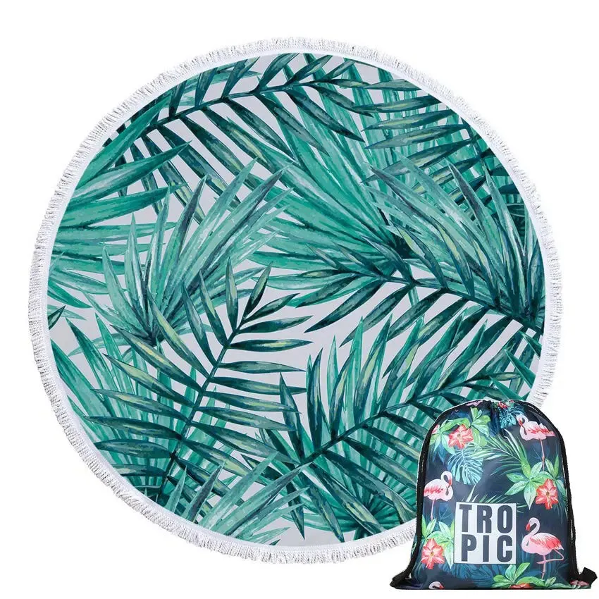 Green Leaves Summer Round Beach Towel Microfiber - Includes Drawstring Backpack Bag - Versatile Bath Towel, Mat, Bikini Cover-Up - Soft with Tassels