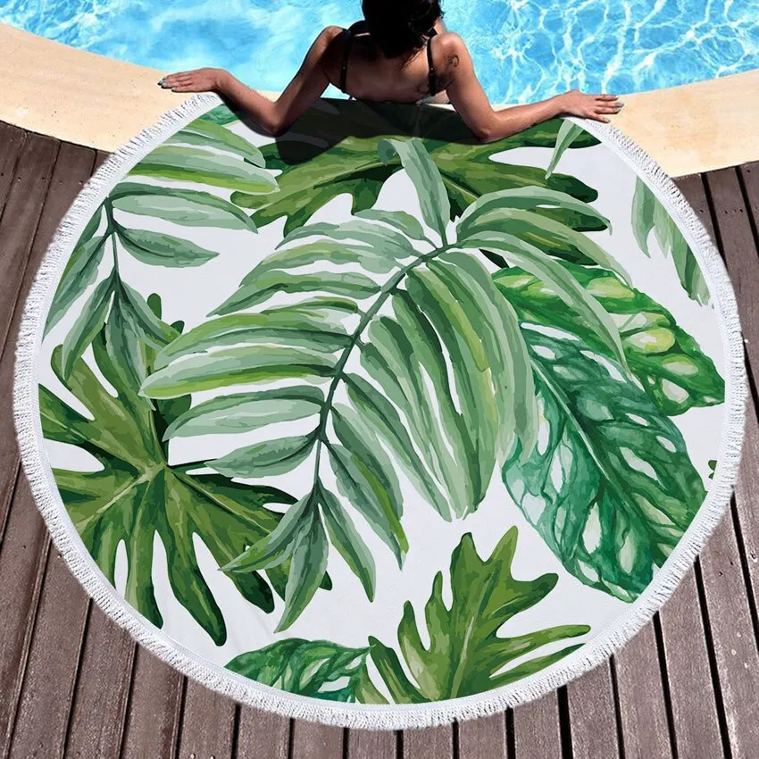 Green Leaves Summer Round Beach Towel Microfiber - Includes Drawstring Backpack Bag - Versatile Bath Towel, Mat, Bikini Cover-Up - Soft with Tassels