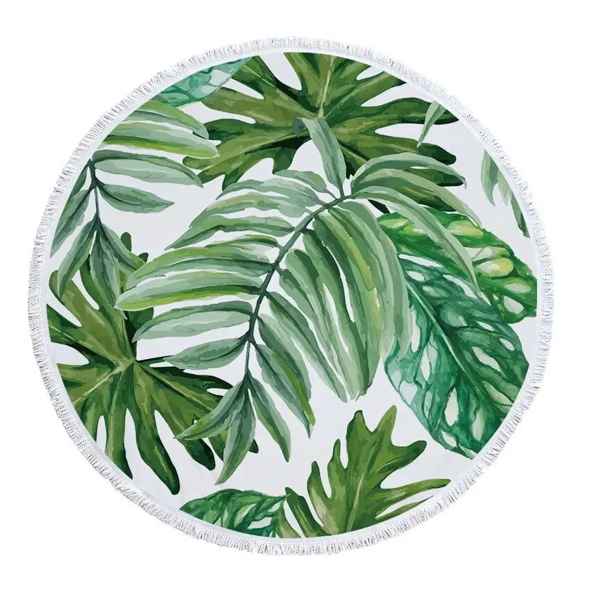 Green Leaves Summer Round Beach Towel Microfiber - Includes Drawstring Backpack Bag - Versatile Bath Towel, Mat, Bikini Cover-Up - Soft with Tassels