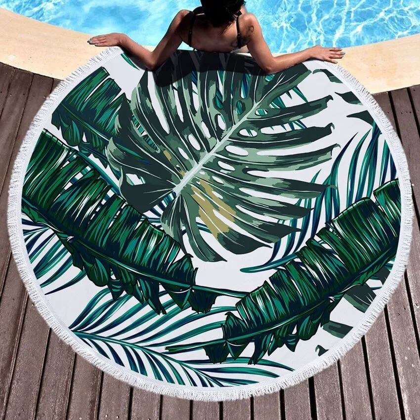 Green Leaves Summer Round Beach Towel Microfiber - Includes Drawstring Backpack Bag - Versatile Bath Towel, Mat, Bikini Cover-Up - Soft with Tassels