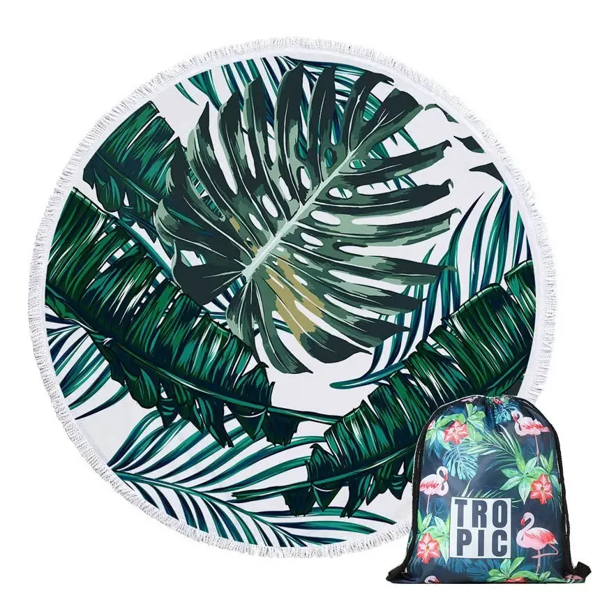 Green Leaves Summer Round Beach Towel Microfiber - Includes Drawstring Backpack Bag - Versatile Bath Towel, Mat, Bikini Cover-Up - Soft with Tassels