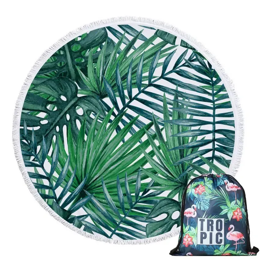 Green Leaves Summer Round Beach Towel Microfiber - Includes Drawstring Backpack Bag - Versatile Bath Towel, Mat, Bikini Cover-Up - Soft with Tassels