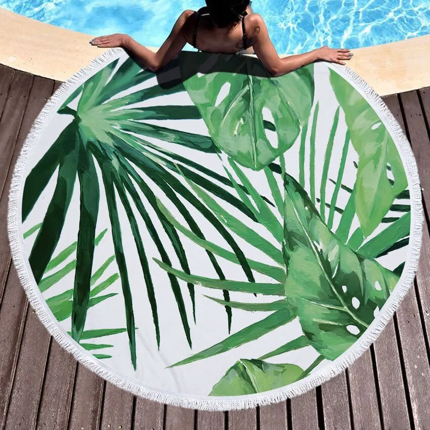 Green Leaves Summer Round Beach Towel Microfiber - Includes Drawstring Backpack Bag - Versatile Bath Towel, Mat, Bikini Cover-Up - Soft with Tassels