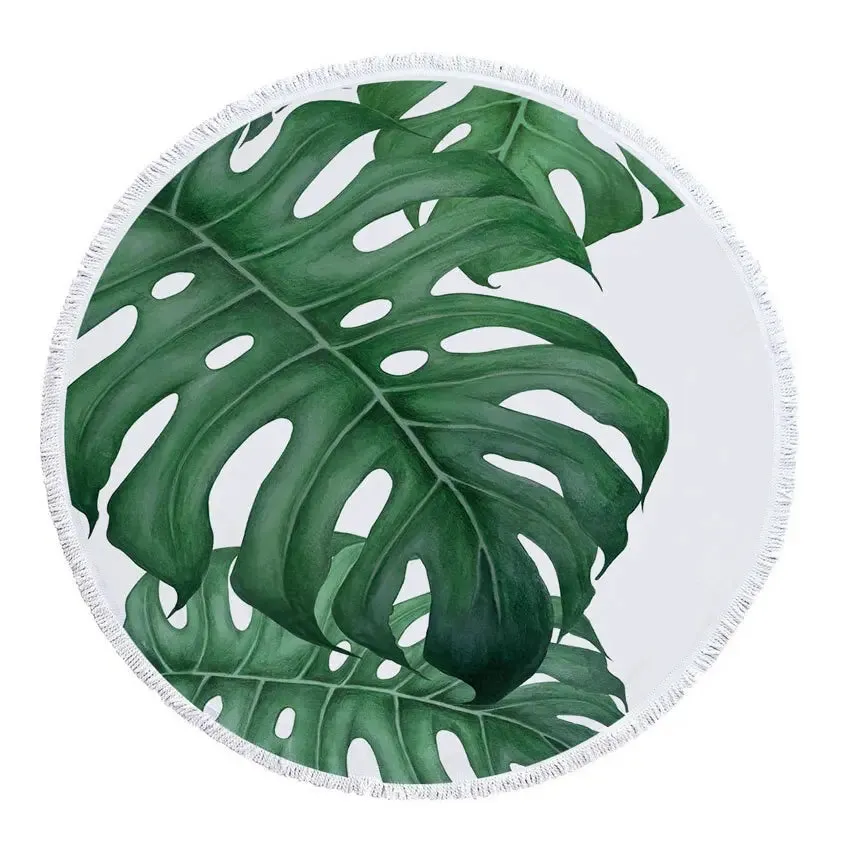 Green Leaves Summer Round Beach Towel Microfiber - Includes Drawstring Backpack Bag - Versatile Bath Towel, Mat, Bikini Cover-Up - Soft with Tassels