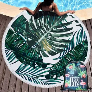 Green Leaves Summer Round Beach Towel Microfiber - Includes Drawstring Backpack Bag - Versatile Bath Towel, Mat, Bikini Cover-Up - Soft with Tassels