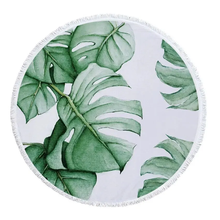 Green Leaves Summer Round Beach Towel Microfiber - Includes Drawstring Backpack Bag - Versatile Bath Towel, Mat, Bikini Cover-Up - Soft with Tassels