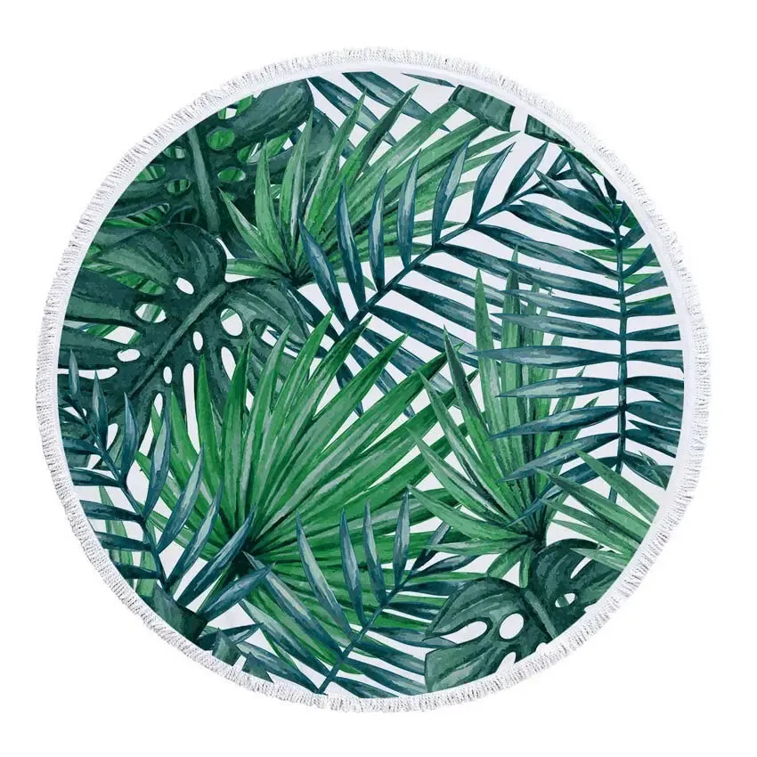 Green Leaves Summer Round Beach Towel Microfiber - Includes Drawstring Backpack Bag - Versatile Bath Towel, Mat, Bikini Cover-Up - Soft with Tassels