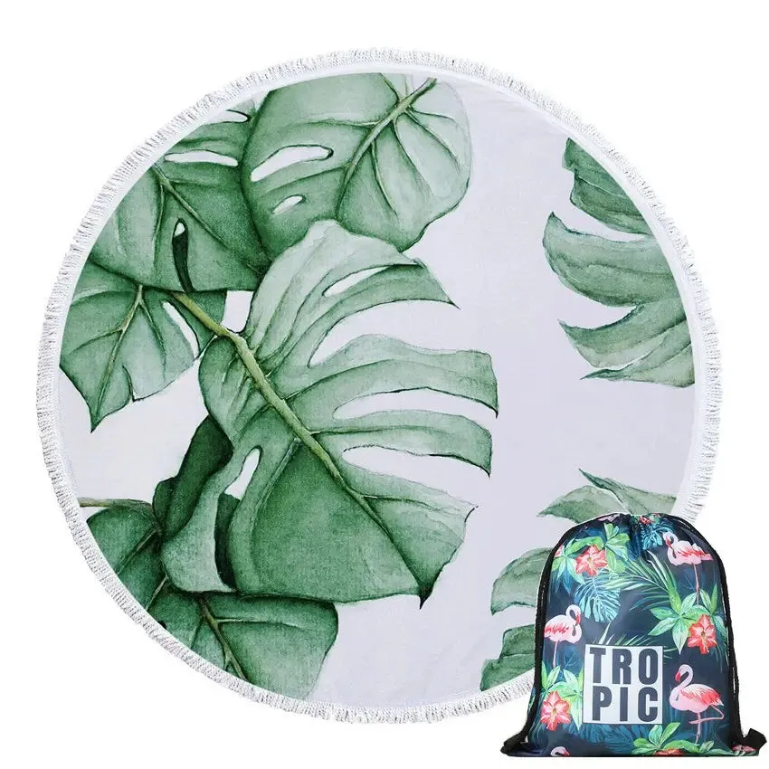 Green Leaves Summer Round Beach Towel Microfiber - Includes Drawstring Backpack Bag - Versatile Bath Towel, Mat, Bikini Cover-Up - Soft with Tassels