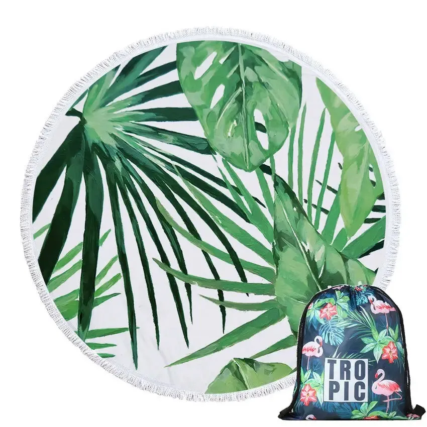 Green Leaves Summer Round Beach Towel Microfiber - Includes Drawstring Backpack Bag - Versatile Bath Towel, Mat, Bikini Cover-Up - Soft with Tassels