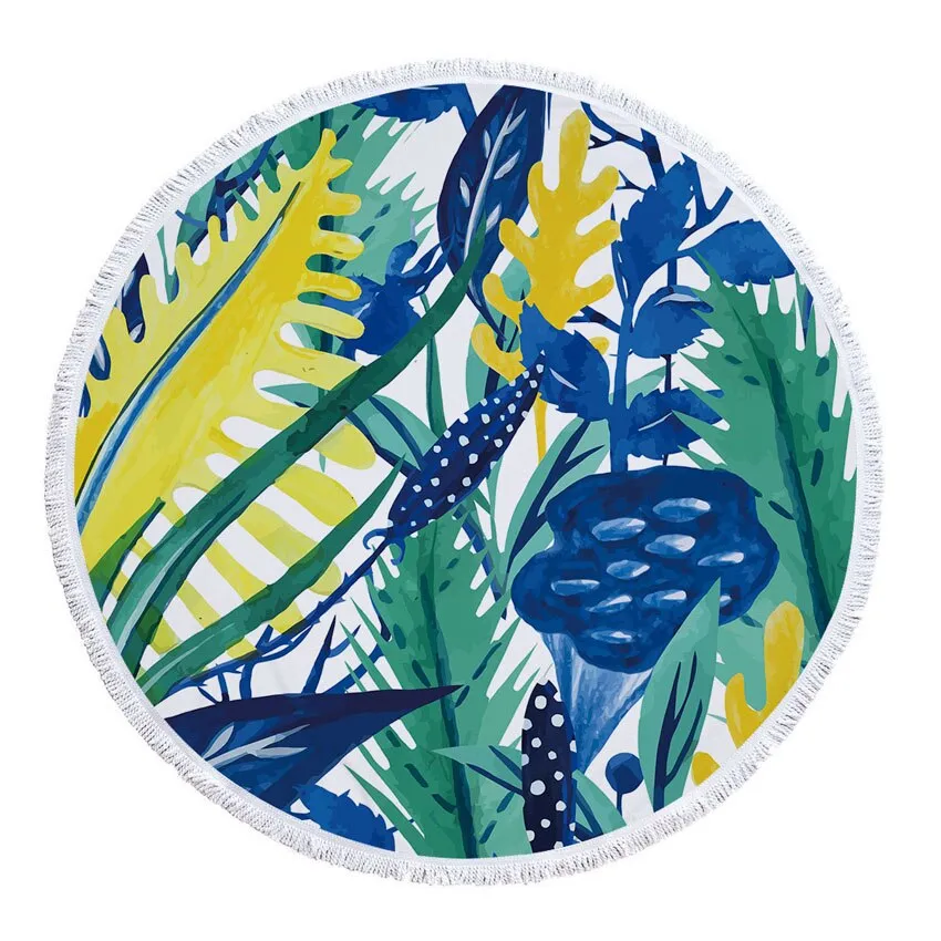 Green Leaves Summer Round Beach Towel Microfiber - Includes Drawstring Backpack Bag - Versatile Bath Towel, Mat, Bikini Cover-Up - Soft with Tassels