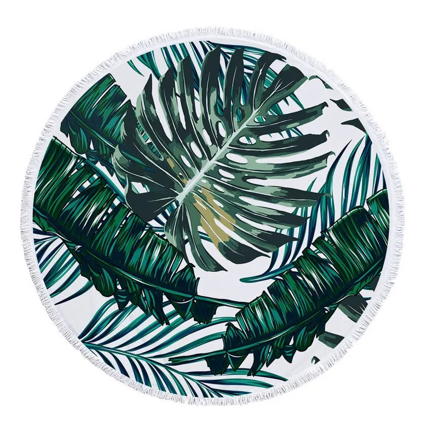 Green Leaves Summer Round Beach Towel Microfiber - Includes Drawstring Backpack Bag - Versatile Bath Towel, Mat, Bikini Cover-Up - Soft with Tassels