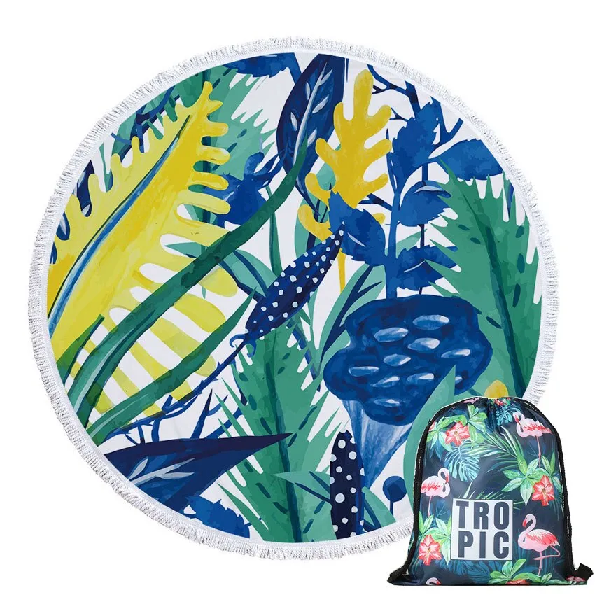 Green Leaves Summer Round Beach Towel Microfiber - Includes Drawstring Backpack Bag - Versatile Bath Towel, Mat, Bikini Cover-Up - Soft with Tassels