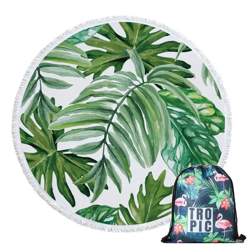 Green Leaves Summer Round Beach Towel Microfiber - Includes Drawstring Backpack Bag - Versatile Bath Towel, Mat, Bikini Cover-Up - Soft with Tassels